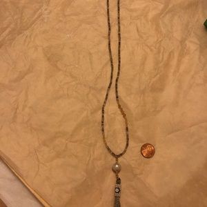 New black tourmaline necklace w pearl and pendant